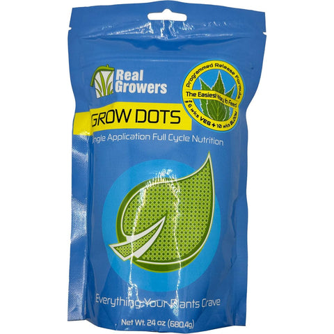 Real Growers Grow Dots Classic 24oz bottle close-up emphasizing one-time feeding convenience.