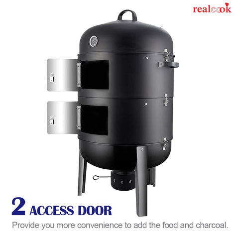 Realcook Charcoal BBQ Smoker lid hangers accommodate turkeys and racks with convenience.