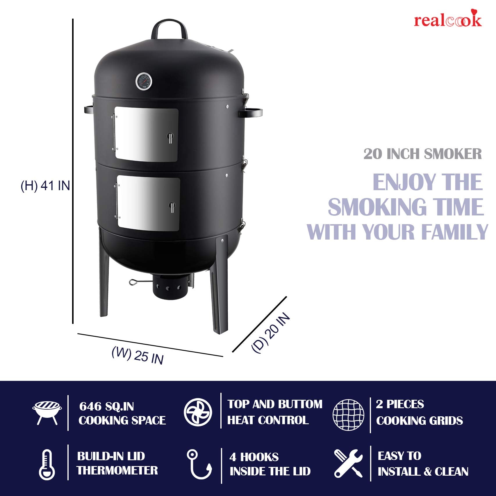 Realcook Charcoal BBQ Smoker two access doors allow check-ins without heat loss.