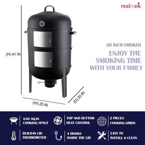 Realcook Charcoal BBQ Smoker two access doors allow check-ins without heat loss.