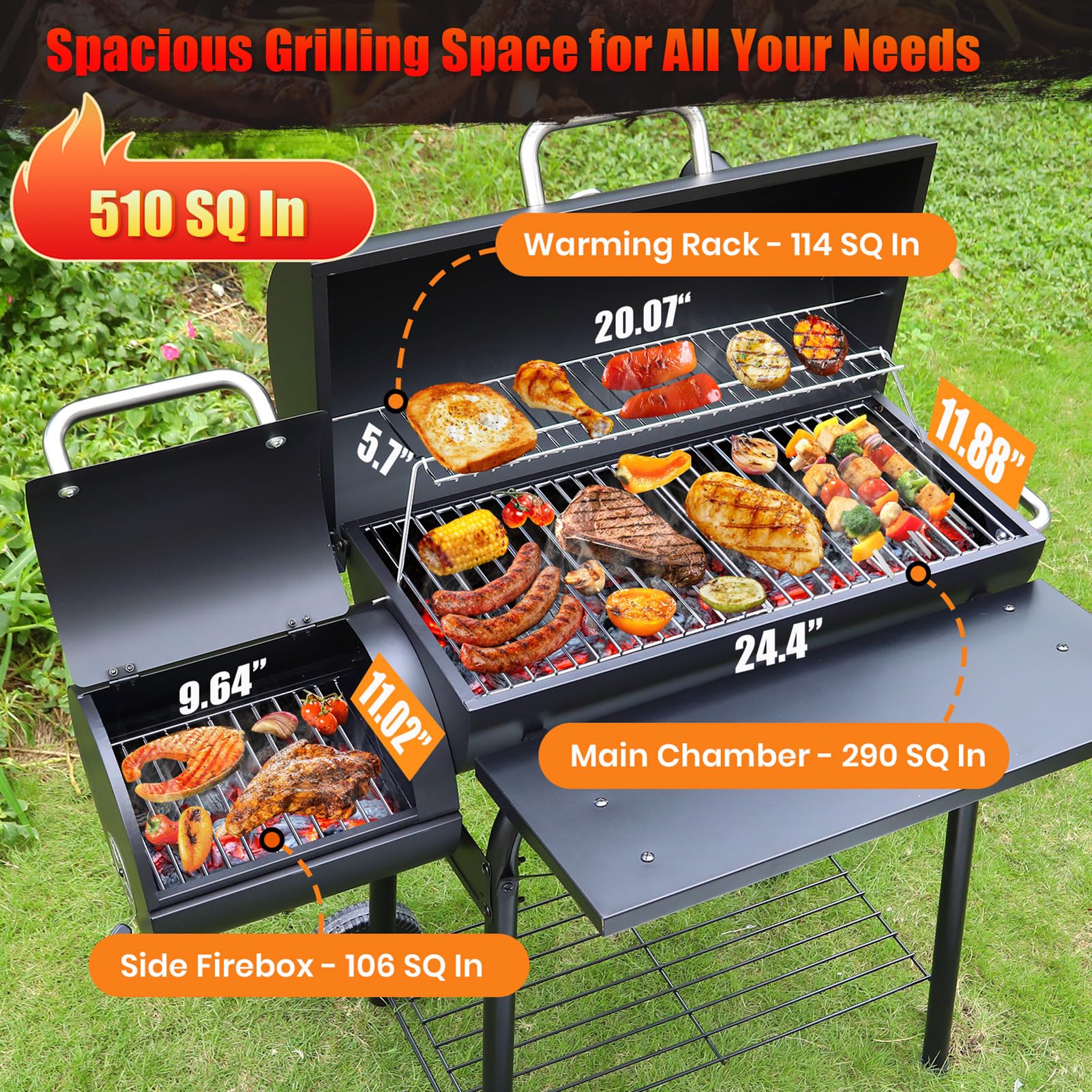 Realcook Charcoal Grills offset smoker side highlights a dedicated fire box for flavorful indirect cooking.