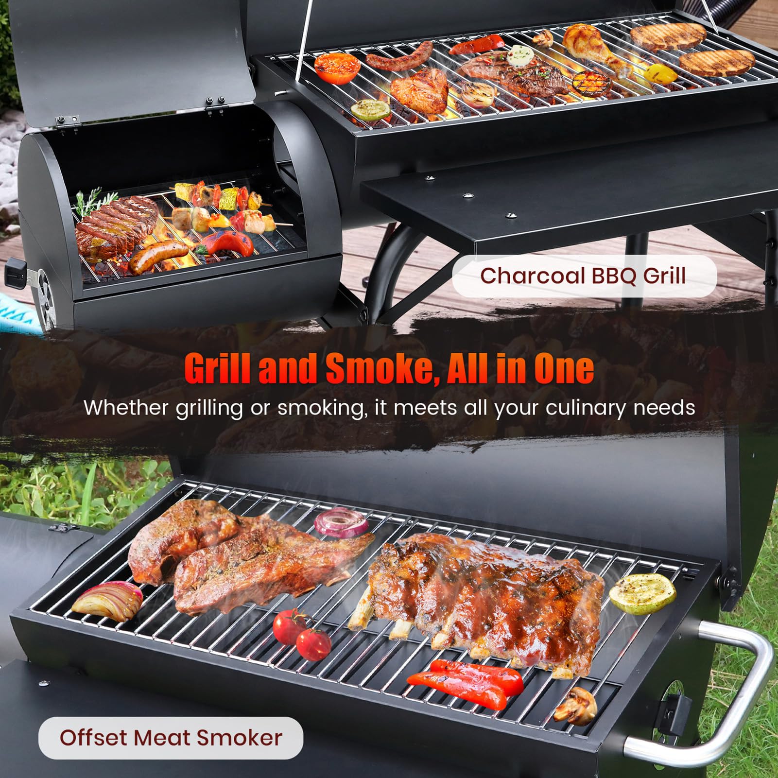 Realcook Charcoal Grills offset smoker warming rack emphasizes extra space for keeping finished dishes warm.