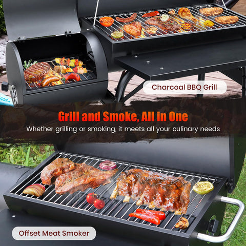 Realcook Charcoal Grills offset smoker warming rack emphasizes extra space for keeping finished dishes warm.