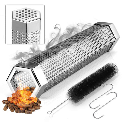 Realcook pellet smoker tube on a grill for superior wood smoke flavor.