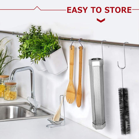Realcook pellet smoker tube includes cleaning brush and hooks for easy setup.