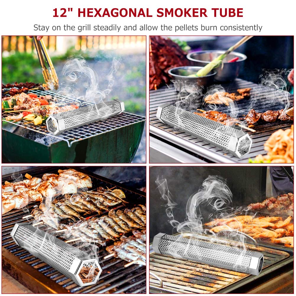 Realcook 12-inch smoker tube on a grill for long-lasting smoking sessions.