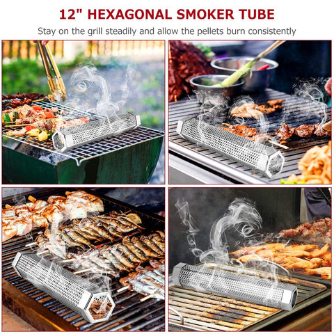 Realcook 12-inch smoker tube on a grill for long-lasting smoking sessions.