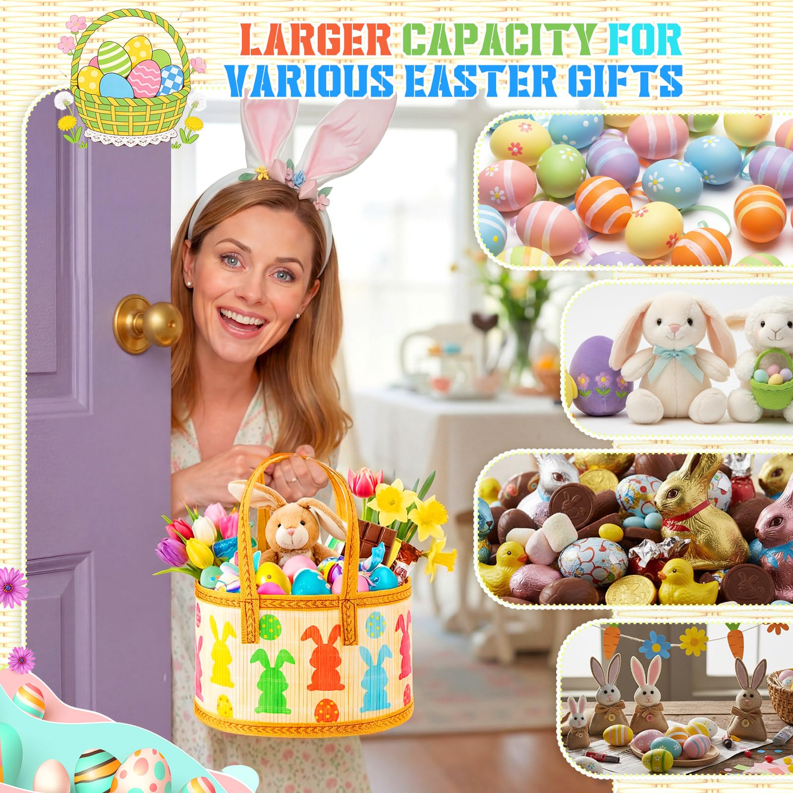 Reallnaive collapsible Easter basket with handle measuring 9.8x7x6.3 inches