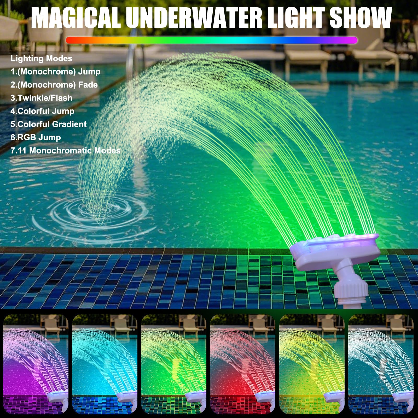 Reallnaive solar pool fountain LED light enhances nighttime pool atmosphere