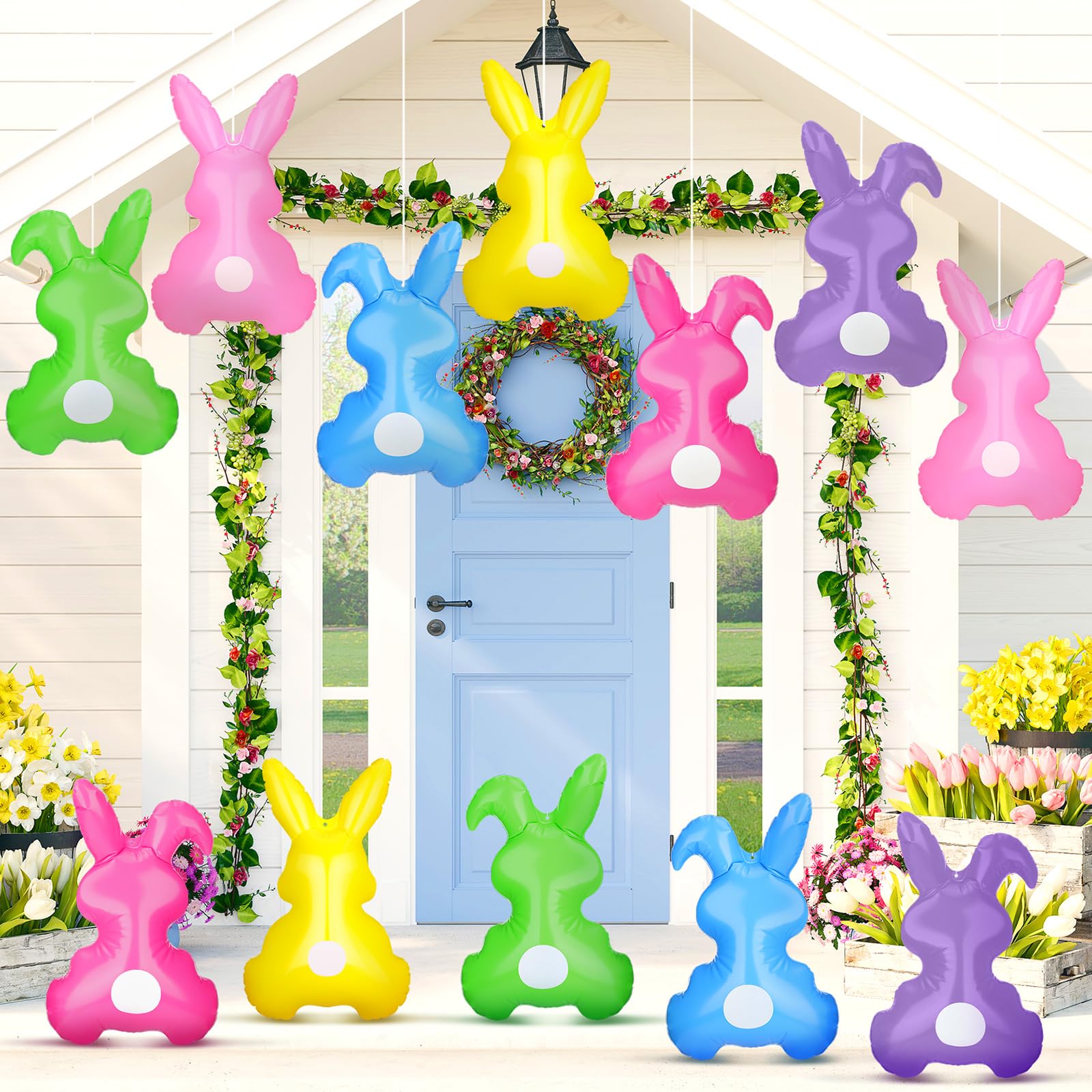 Realspring Easter bunny inflatable 14-inch outdoor garden decor, eye-catching yard display.