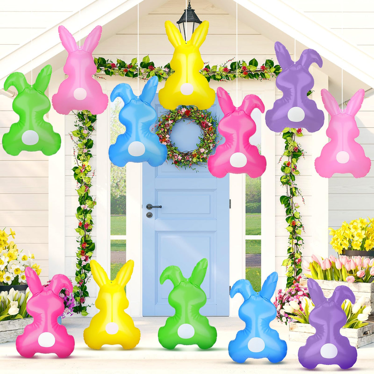 Realspring Easter bunny inflatable 14-inch outdoor garden decor, eye-catching yard display.