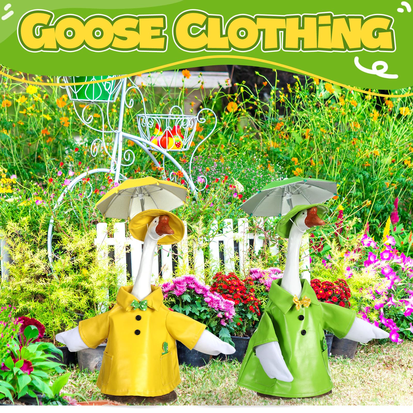 Realspring goose outfit in green with hat and umbrella for garden decor.