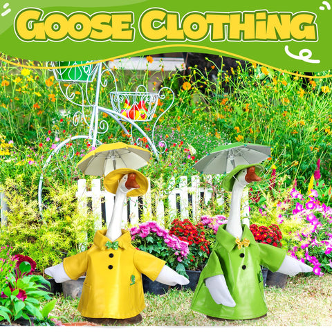 Realspring goose outfit in green with hat and umbrella for garden decor.
