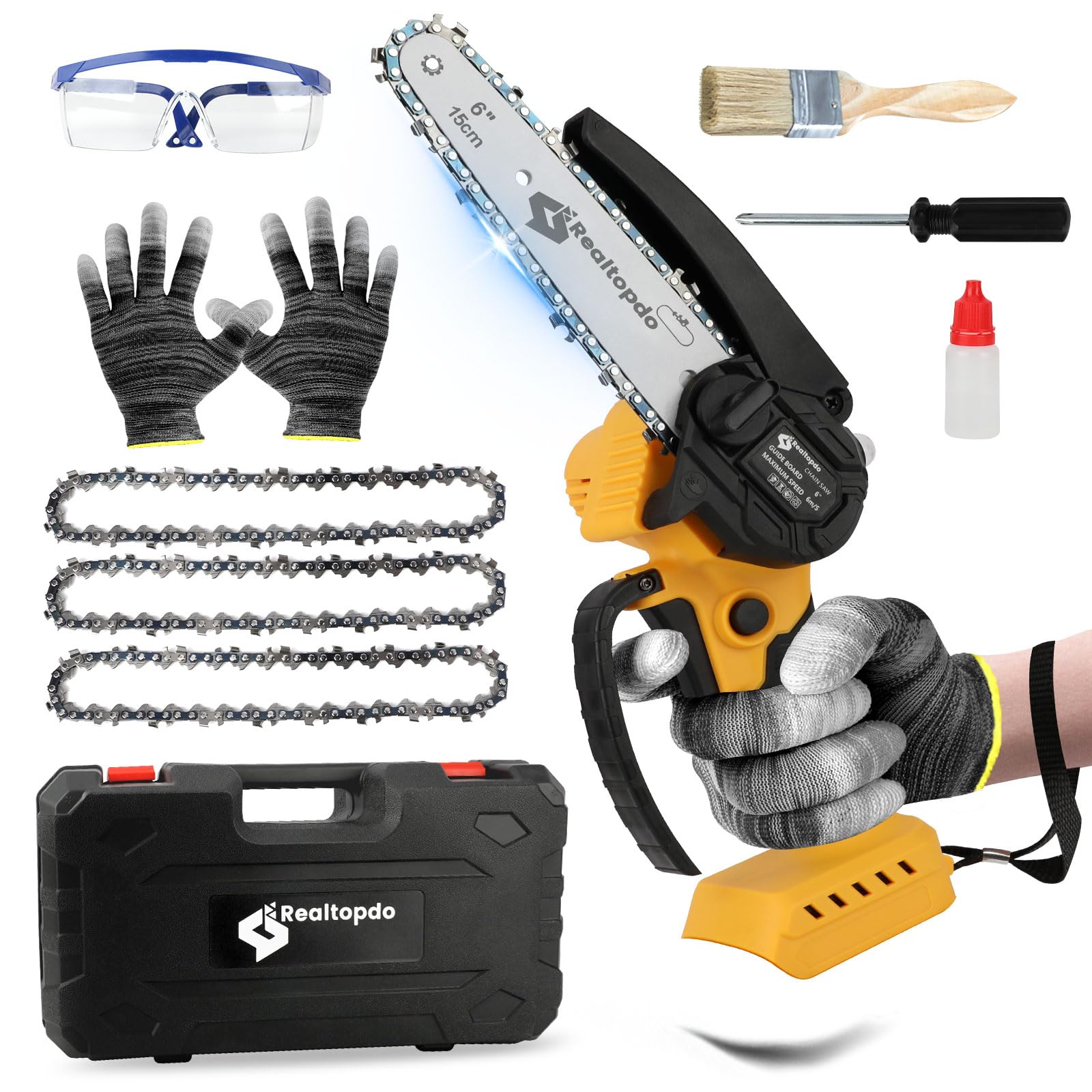 Realtopdo 6-inch chainsaw with DeWalt 20V compatibility for pruning.