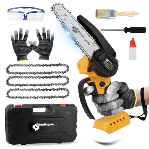 Realtopdo 6-inch chainsaw with DeWalt 20V compatibility for pruning.