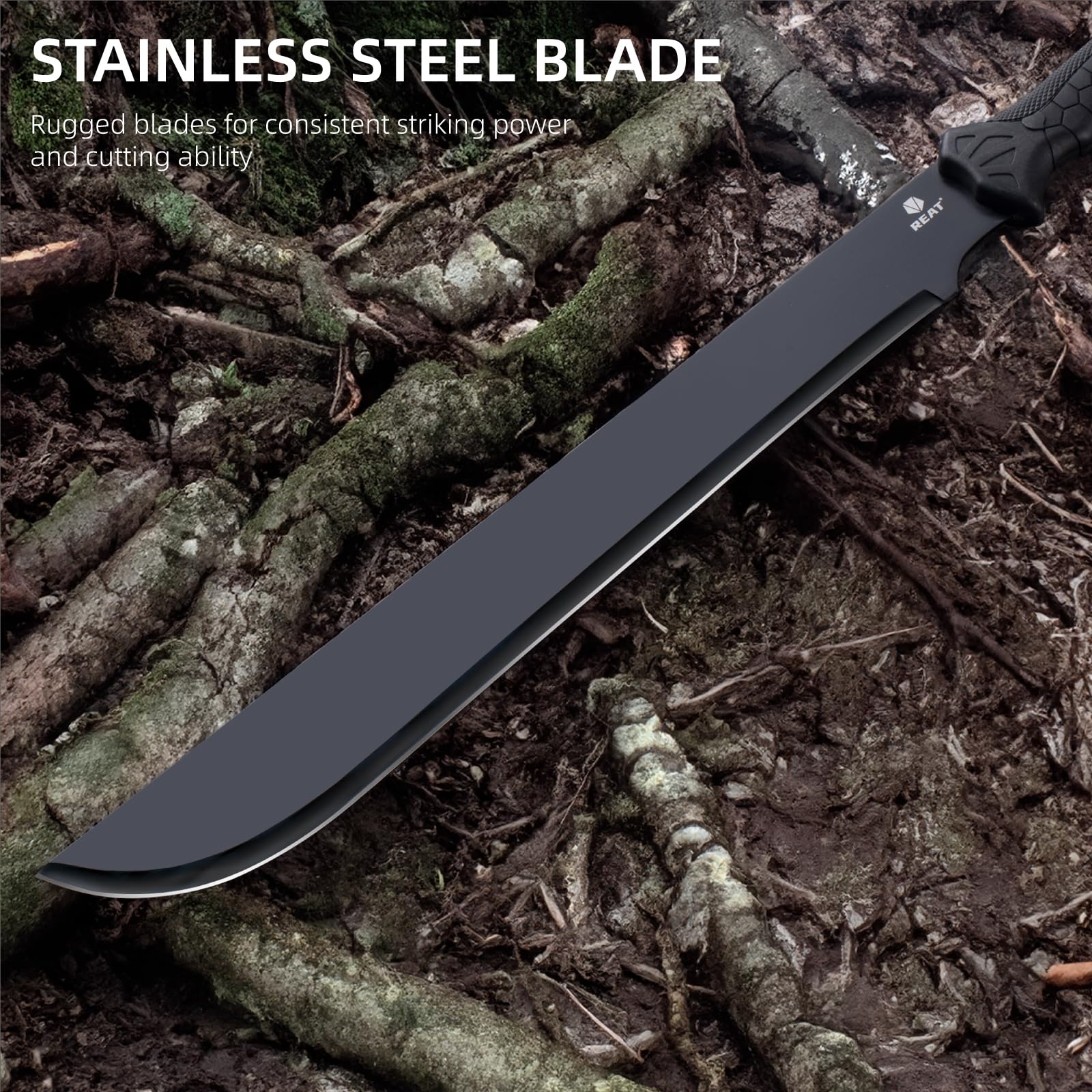 REAT Machete full-tang 420 stainless steel blade for reliable cutting strength.