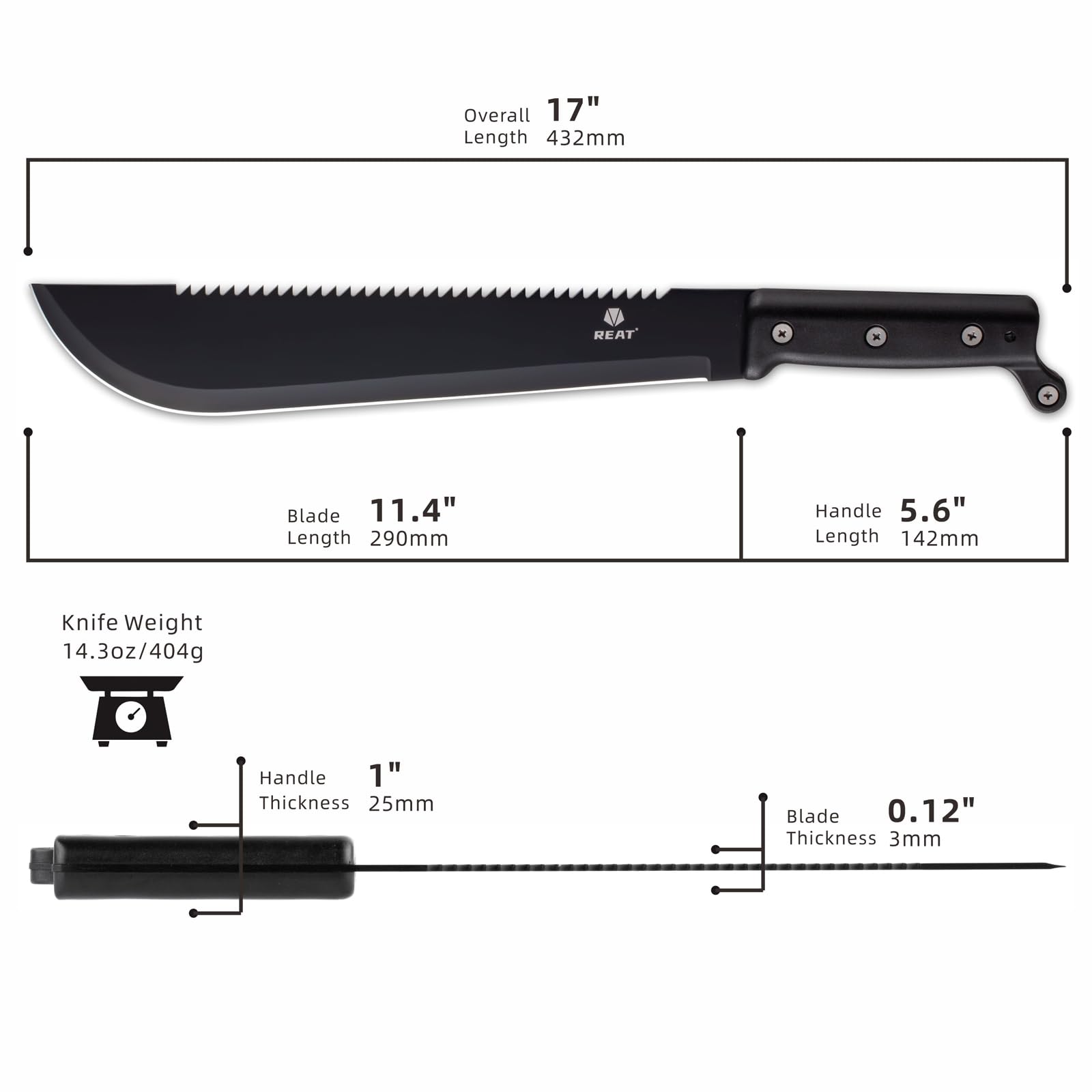REAT machete full-tang construction for durable, reliable performance.