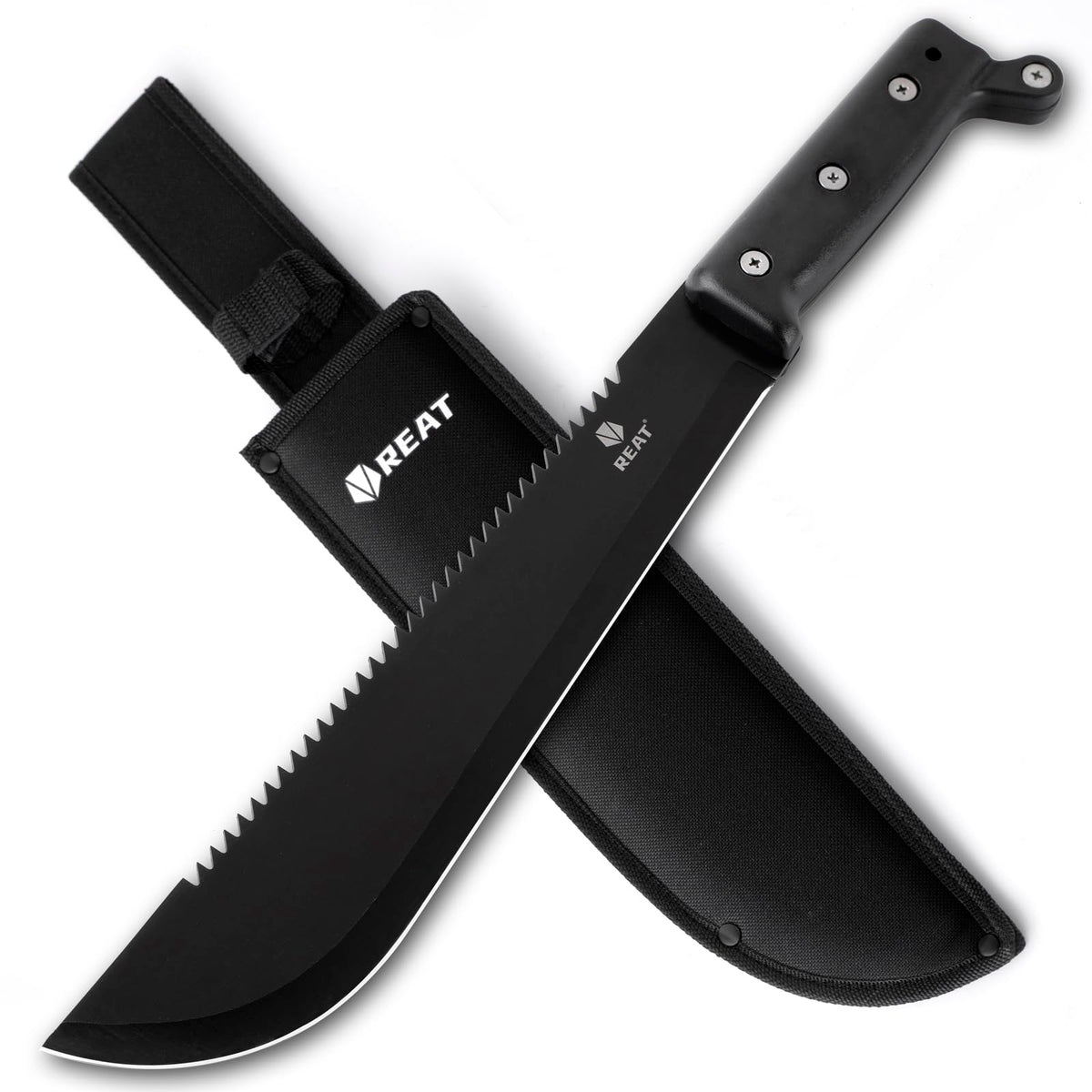 REAT machete with saw blade for yard clearing and tough cuts.