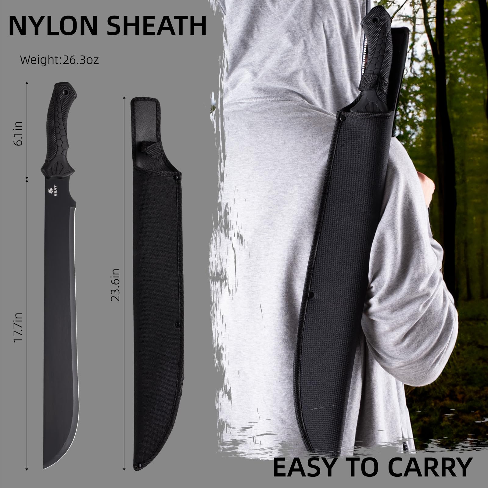 REAT Machete used for yard work and tree cutting during outdoor tasks.