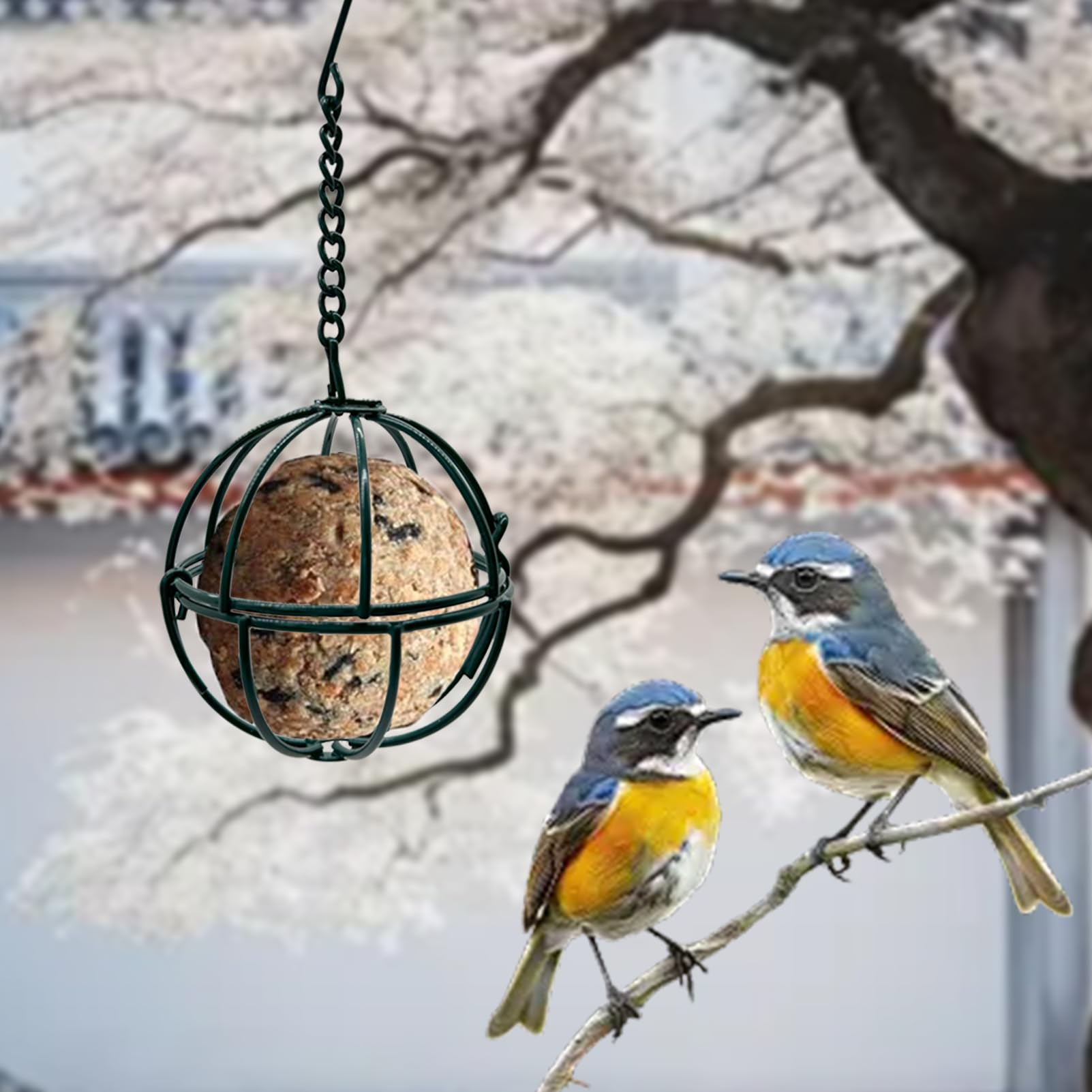 Rebecca Online ball suet feeder compact design saves space.