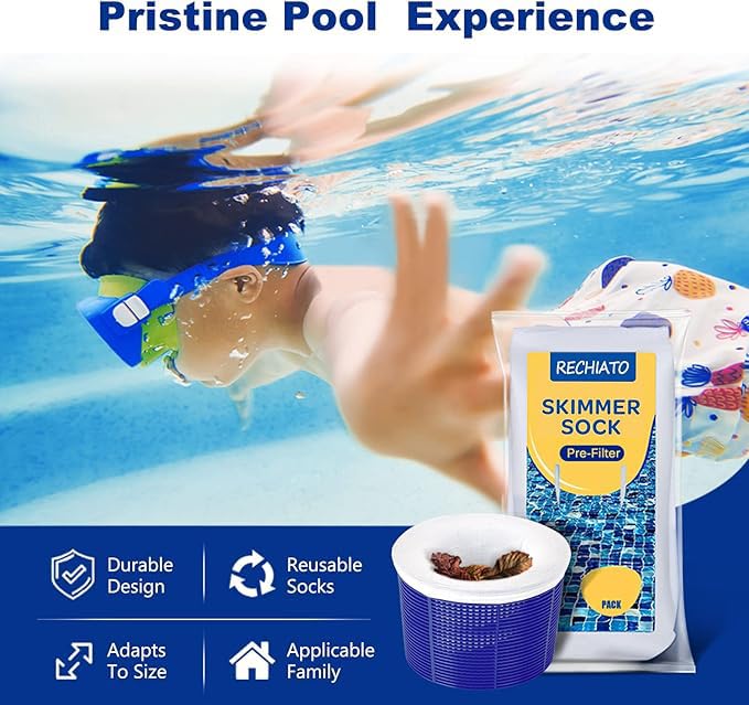 RECHIATO dense mesh skimmer sock traps fine debris for cleaner water.