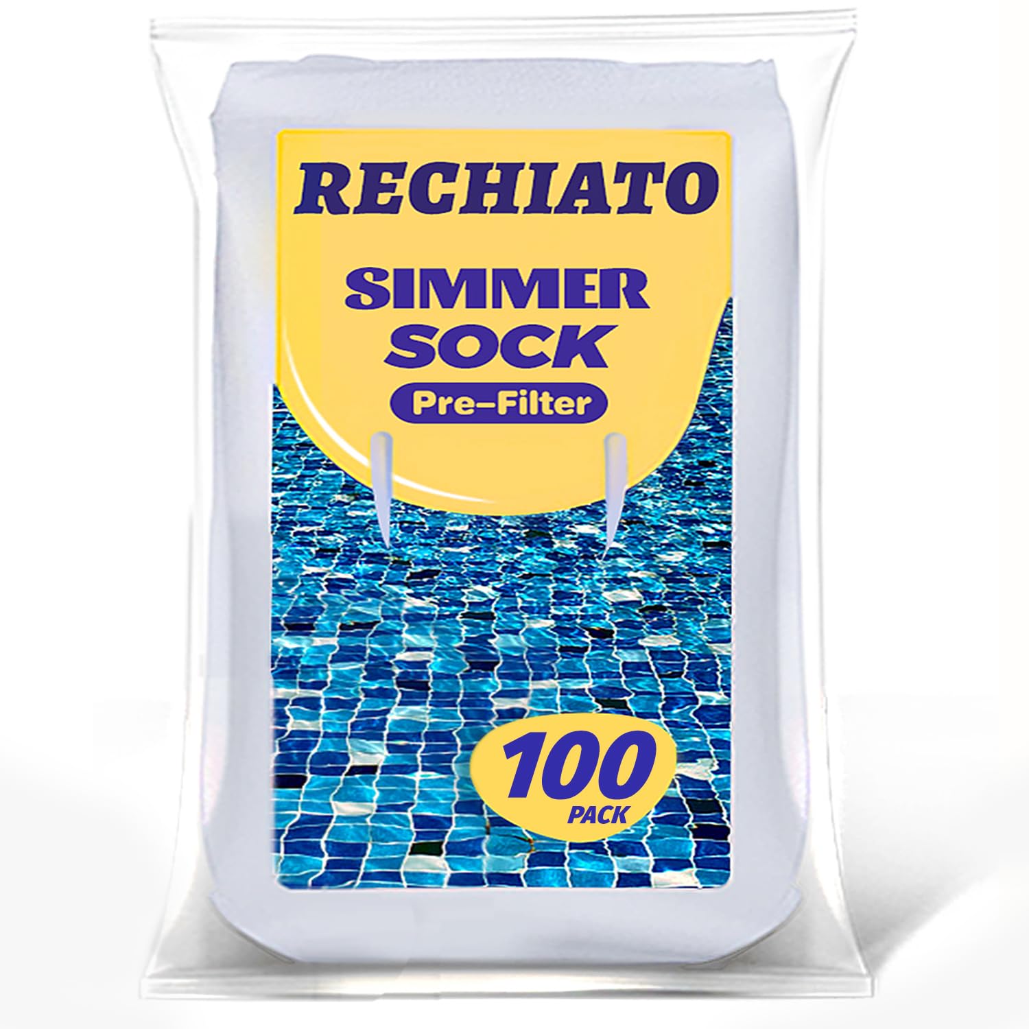 Box shows RECHIATO 100-pack packaging for bulk pool maintenance