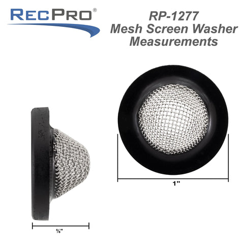 Stainless steel screen RV filter from RecPro used in gravity fill setups.
