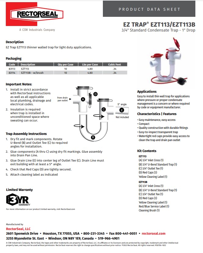 RectorSeal EZ Trap 113B kit includes brush for thorough maintenance