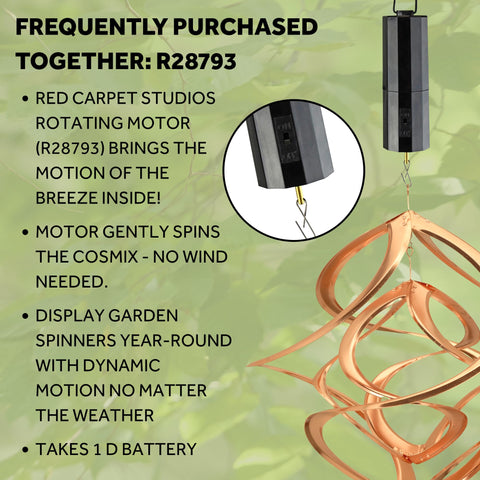 Red Carpet Studios Cosmix Copper Double Wind Sculpture measures 10 by 14 inches for patio spaces