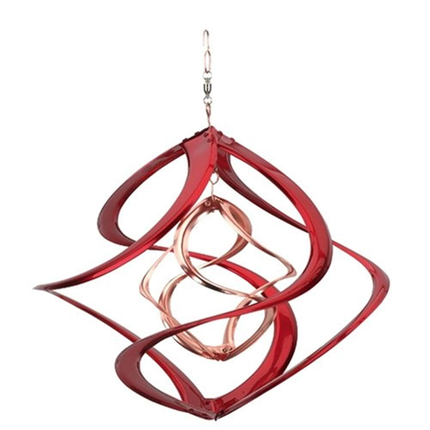 Red Carpet Studios Cosmix Deluxe wind spinner with red and copper double helixes spinning in sunlight.