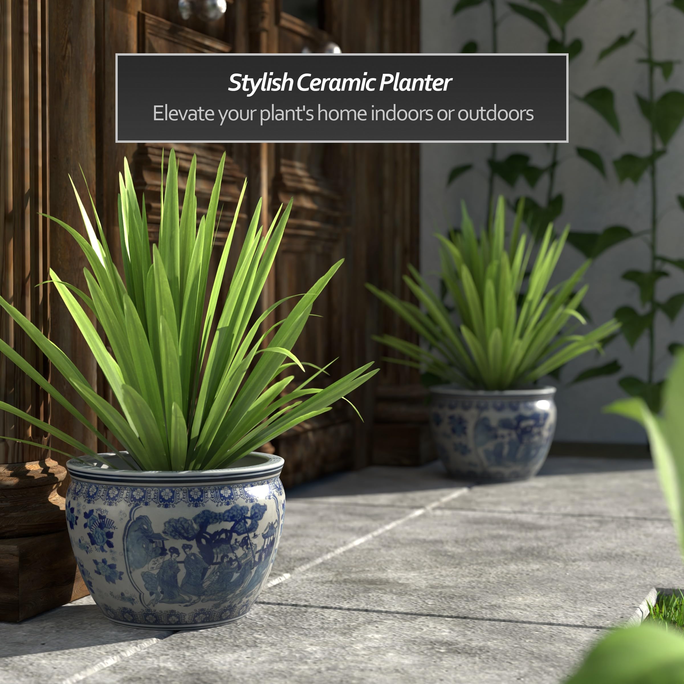 Red Lantern 12-inch fishbowl planter with Ming-inspired porcelain for versatile decor.