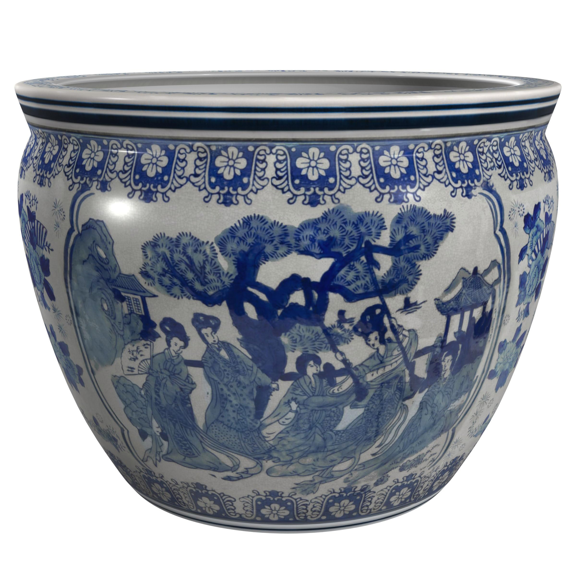 Red Lantern blue and white porcelain fishbowl planter ideal for chic indoor display.