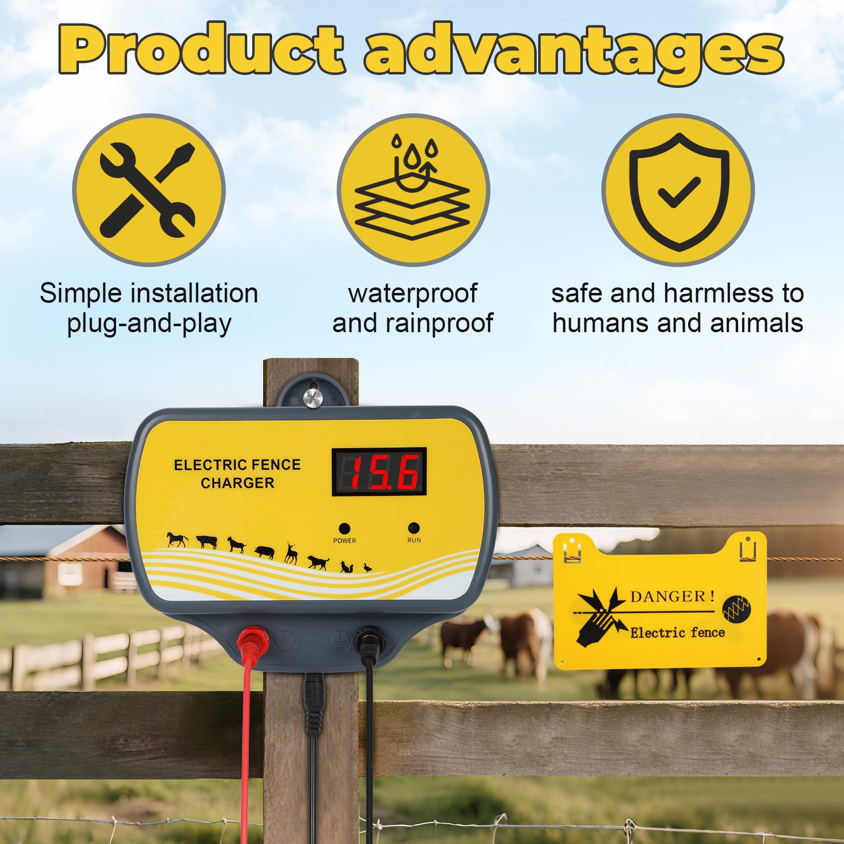 Redants electric fence charger 2J 12V-12KV pulse for effective deterrence.
