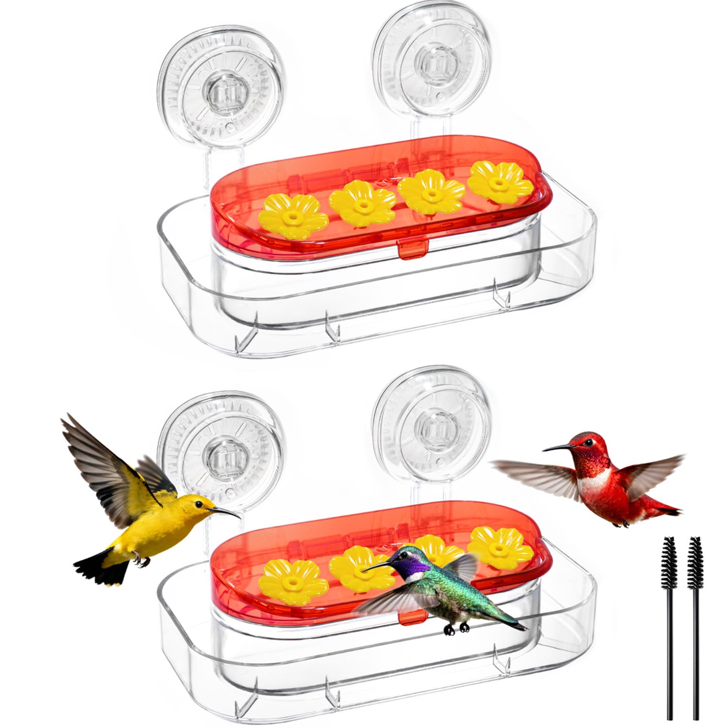 Redboat window hummingbird feeder 2-pack with strong suction for stable viewing.