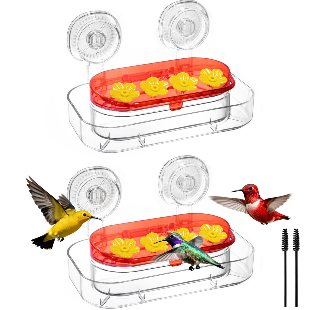 Redboat window hummingbird feeder 2-pack with strong suction for stable viewing.