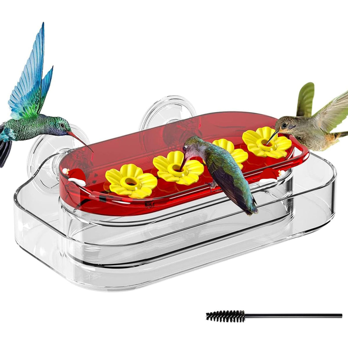 Redboat window hummingbird feeder with four ports for close-up viewing from indoors.