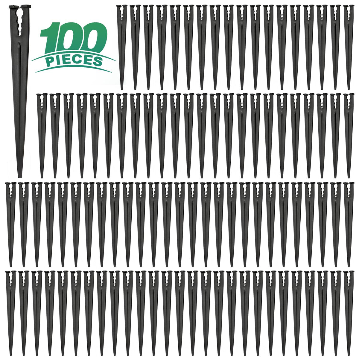 RedChili 100-pack drip stake on ground secures 1/4-inch tubing for tidy irrigation.