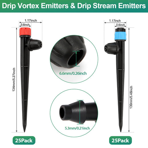 RedChili stream-emitter on stake targets containers for precise watering.