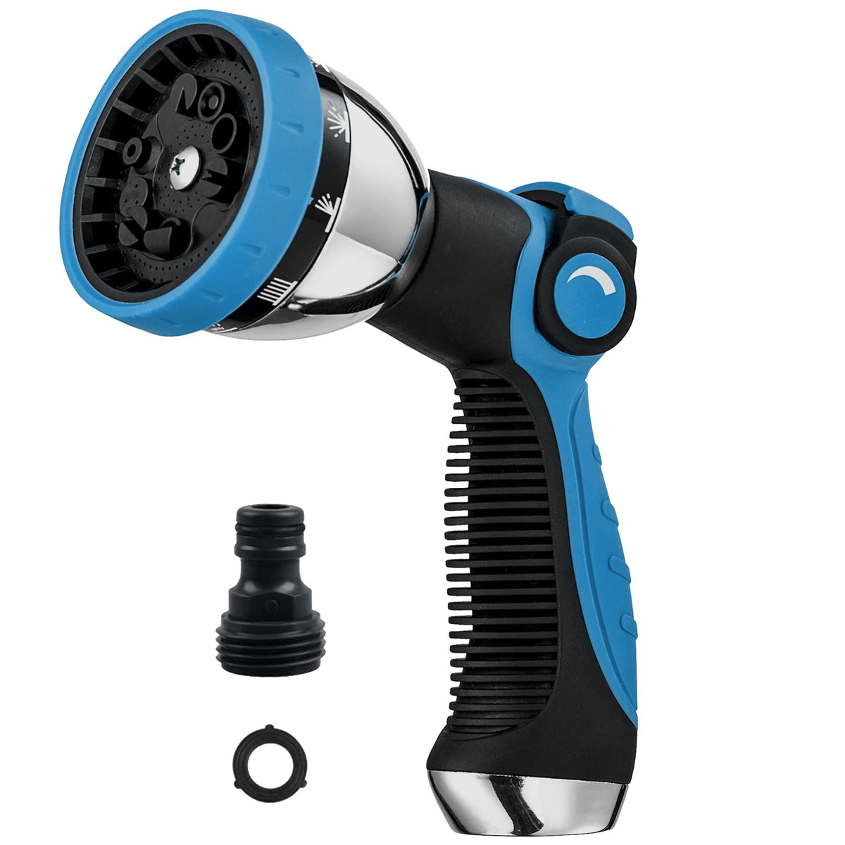 REDESS garden hose nozzle showing 10 spray patterns for versatile watering