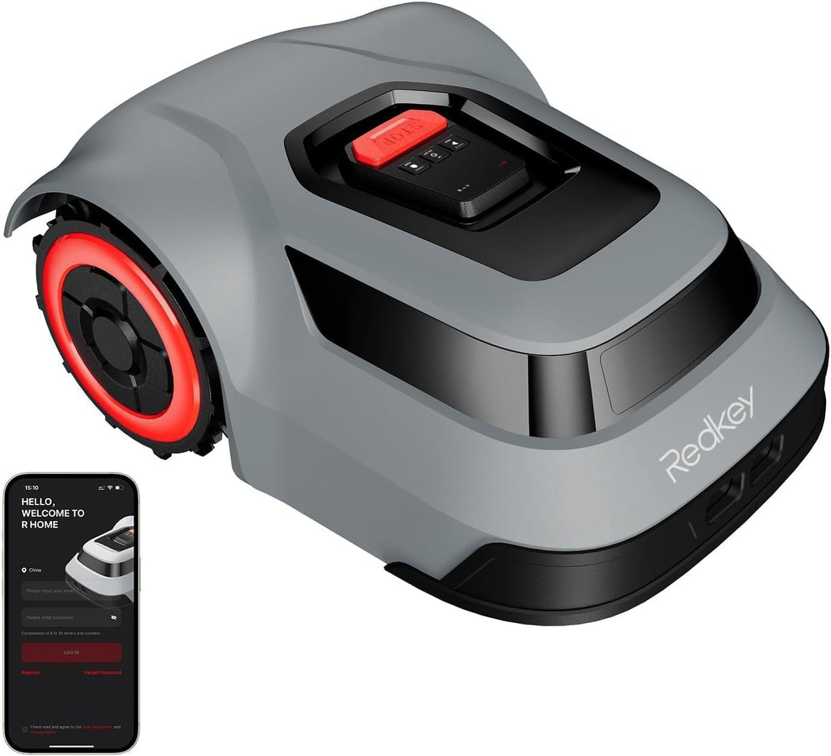 Redkey MGC1000 boundary wires visible for precise mowing limits and quick adjustment