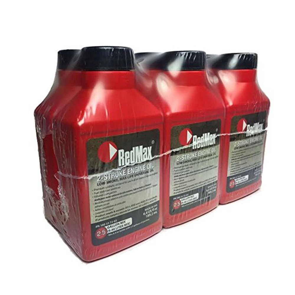 RedMax OEM MaxLife 2-Cycle Oil bottle pouring into fuel for smoother starts