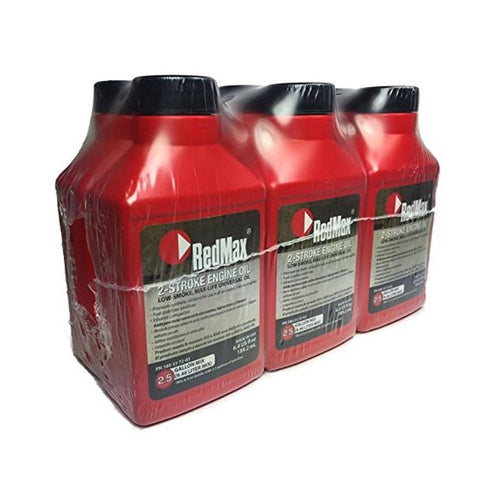 RedMax OEM MaxLife 2-Cycle Oil bottle pouring into fuel for smoother starts