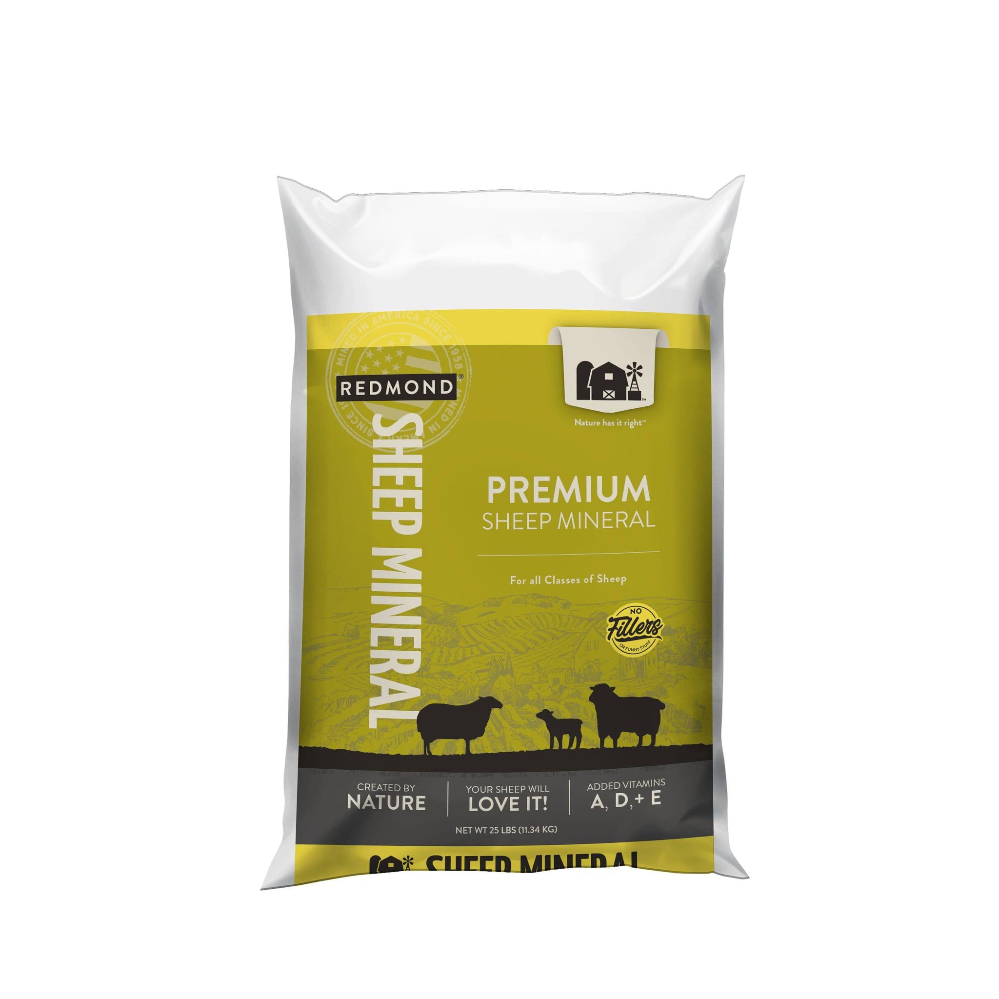 REDMOND Sheep Mineral 25 lb bag label shows balanced minerals for copper absorption