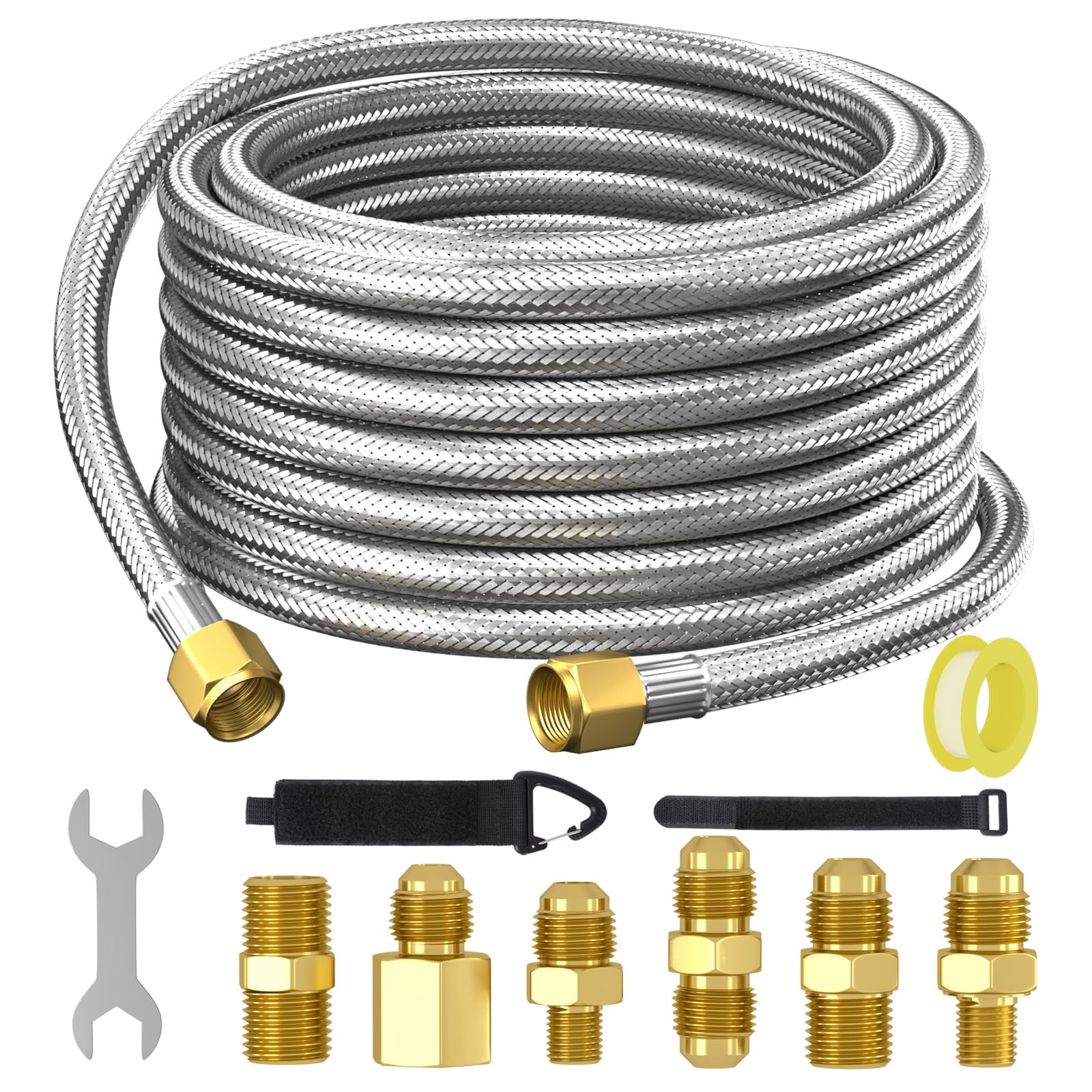 REDPANT 24ft braided propane hose in stainless steel for durable, high-pressure use.