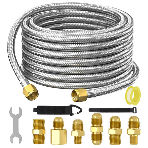 REDPANT 24ft braided propane hose in stainless steel for durable, high-pressure use.