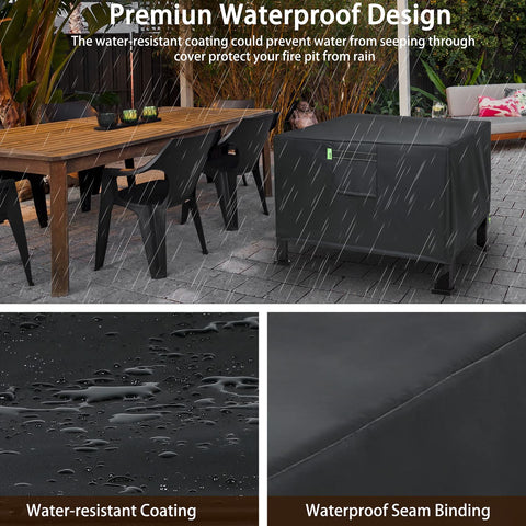 REDRICH 32x32x16 cover guards the fire pit and patio surroundings.