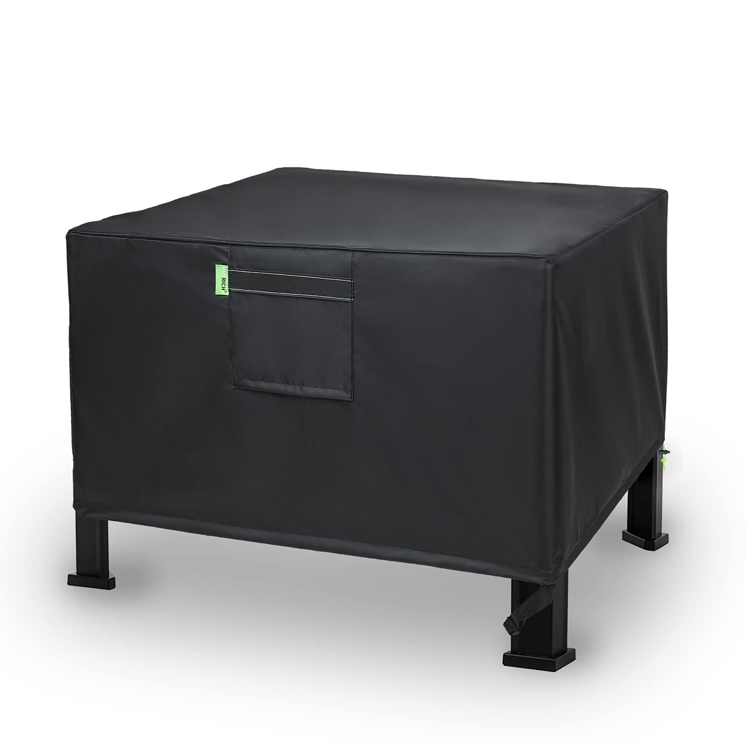 REDRICH square fire pit cover close-up showing heavy-duty fabric and PU coating for weather protection.