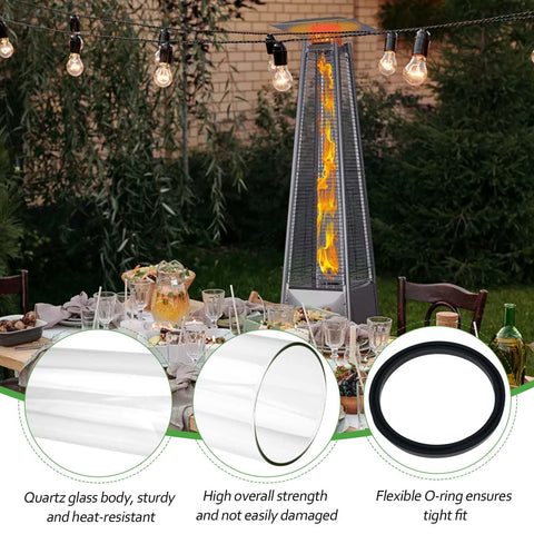 Front view of a four-sided pyramid patio heater with new glass tube installed
