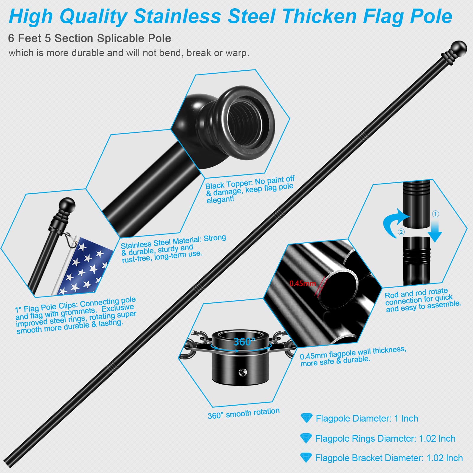 REERON 1in stainless steel flag pole offers durable outdoor performance.