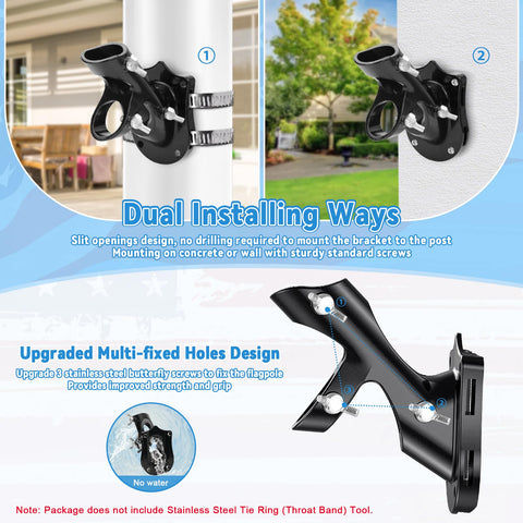 Dual installation options: strap mounting or screw-and-anchor on various surfaces.